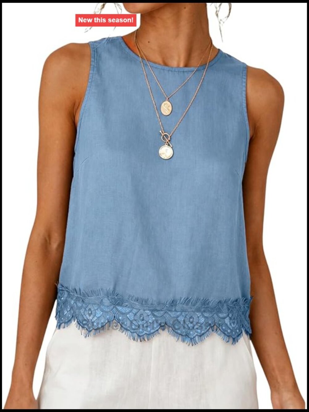 Linen Blend Lace Hem Tank Top Sleeveless Relaxed Fit Womens Casual Summer Top